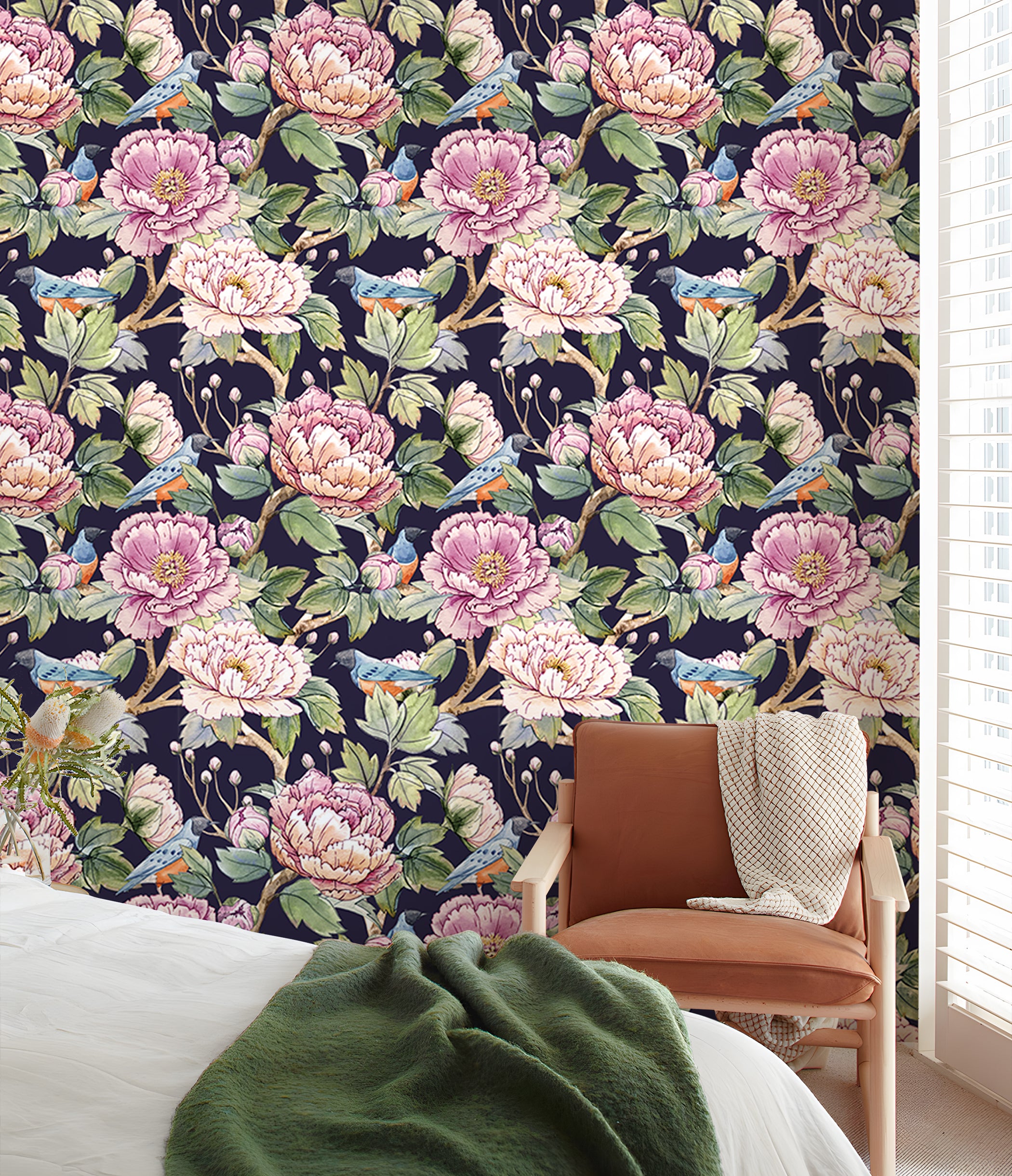 HaokHome Wallpaper Peel and Stick Floral Peony Birds Watercolor Wall Decor Removable Mural