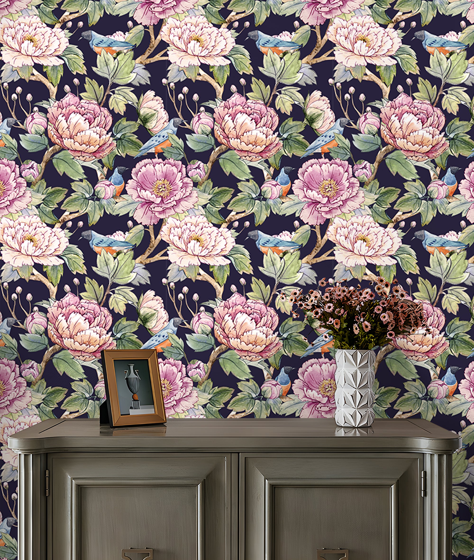 HaokHome Wallpaper Peel and Stick Floral Peony Birds Watercolor Wall Decor Removable Mural