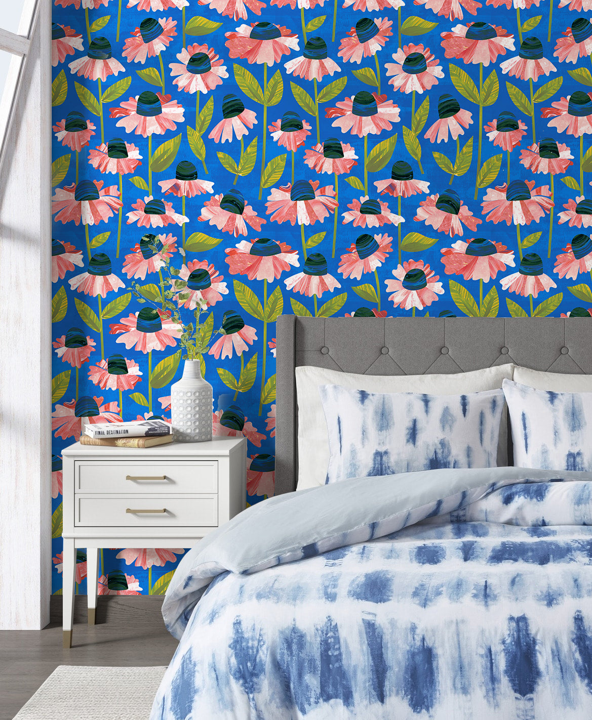 HaokHome Wallpaper Peel and Stick Floral Pink/Blue/Green Modern Wall Decor Living Room Removable Mural