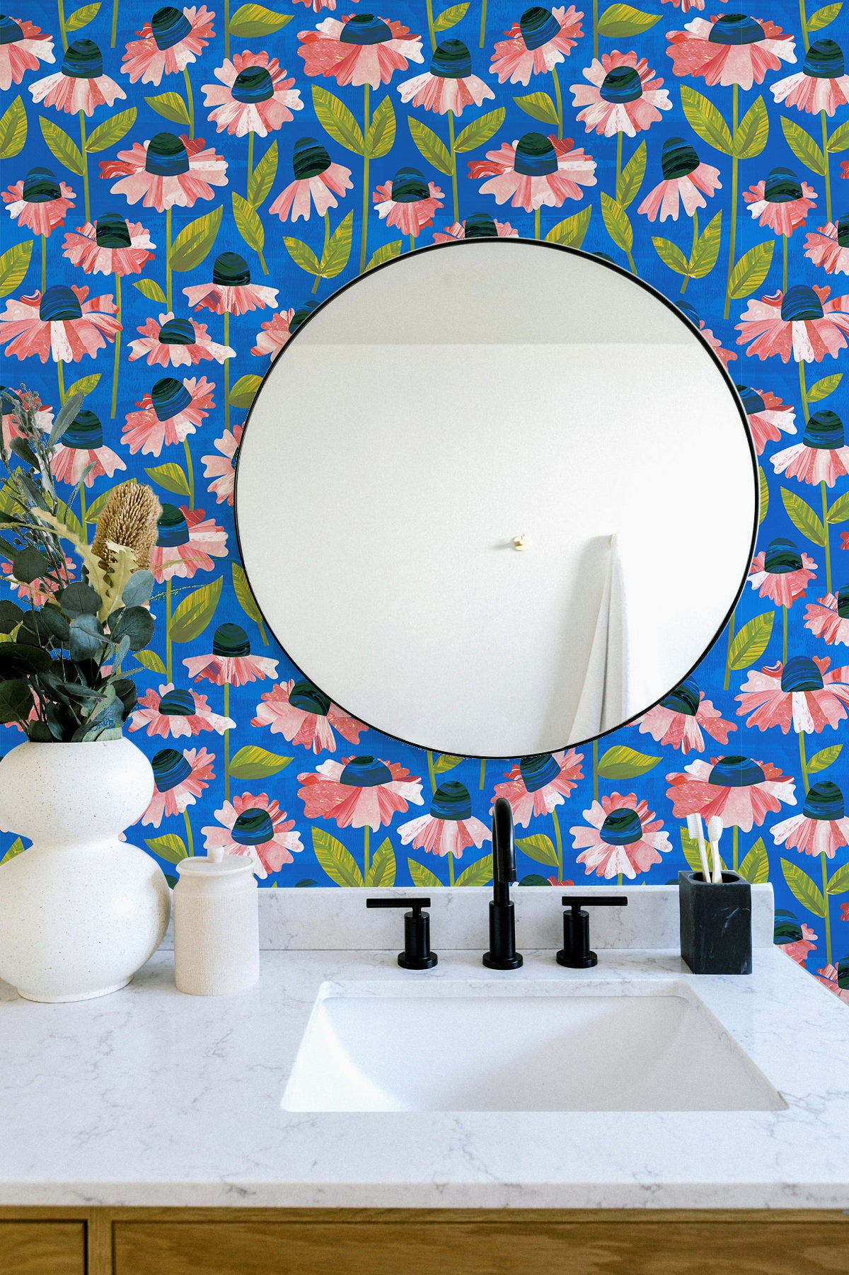 HaokHome Wallpaper Peel and Stick Floral Pink/Blue/Green Modern Wall Decor Living Room Removable Mural