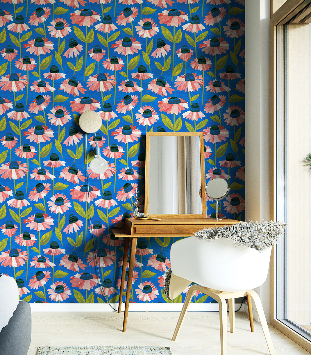 HaokHome Wallpaper Peel and Stick Floral Pink/Blue/Green Modern Wall Decor Living Room Removable Mural