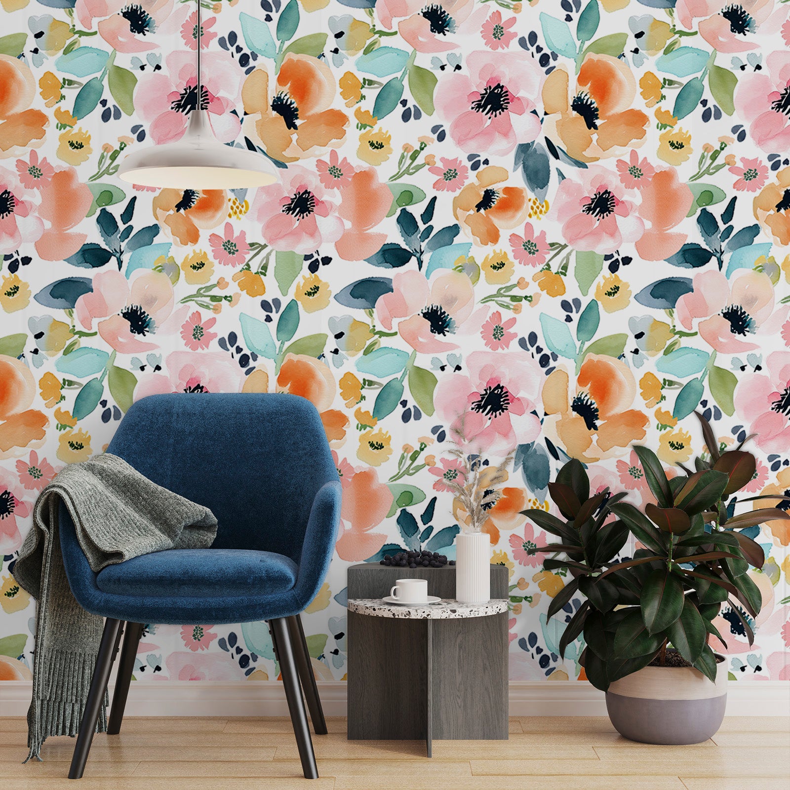 HaokHome Wallpaper Peel and Stick Floral Pink/Orange/Blue Watercolor Wall Decor Living Room Removable Mural