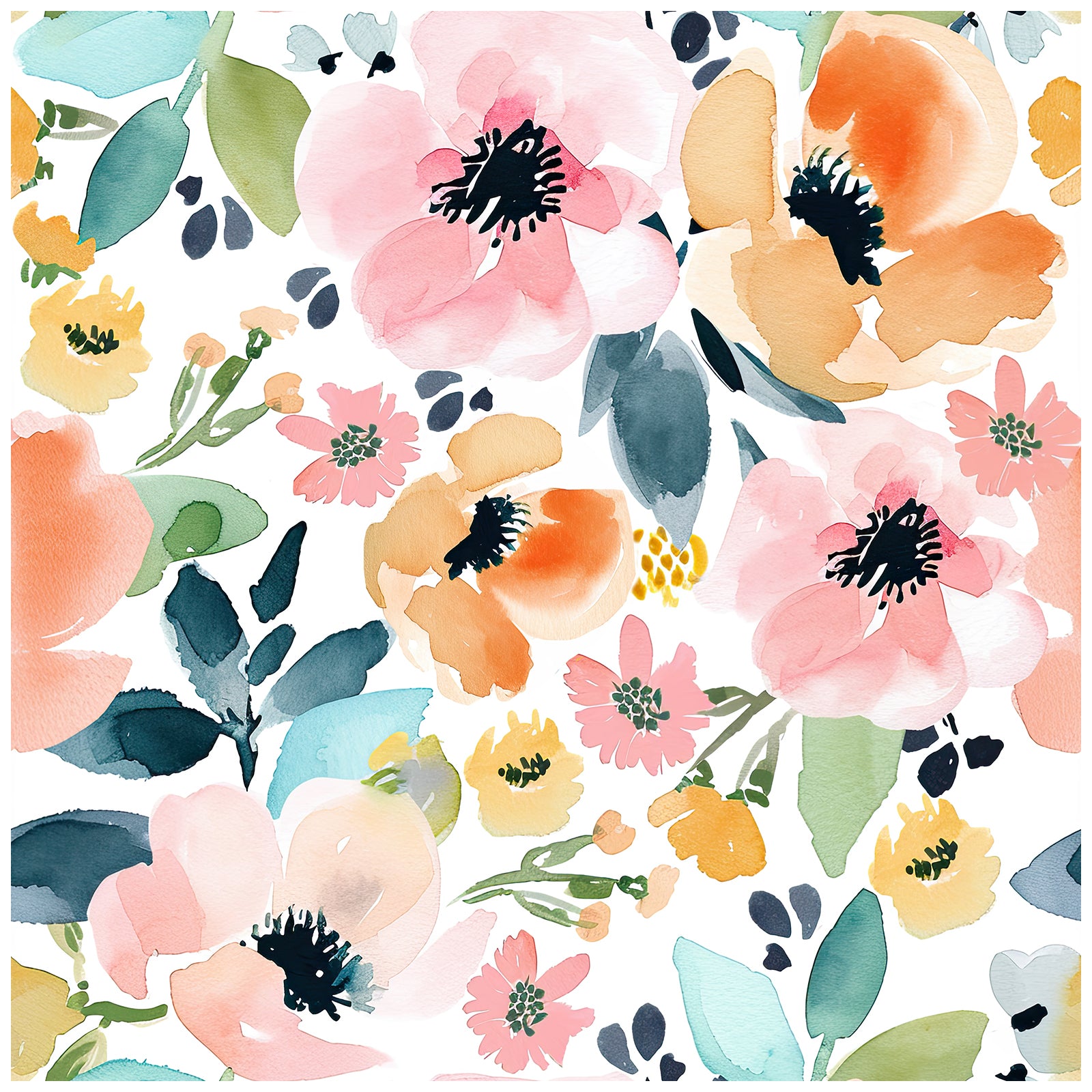 HaokHome Wallpaper Peel and Stick Floral Pink/Orange/Blue Watercolor Wall Decor Living Room Removable Mural