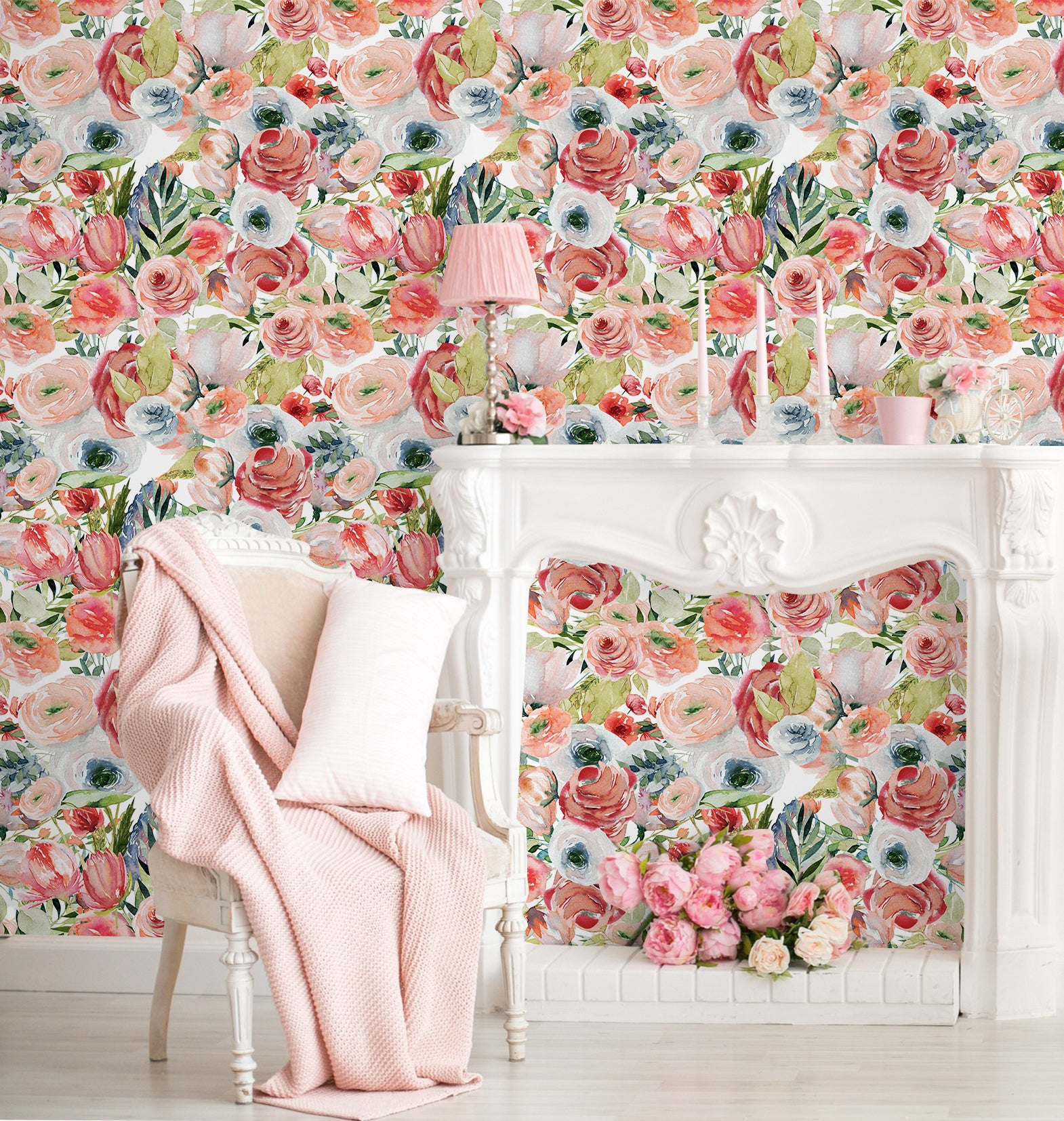 HaokHome Wallpaper Peel and Stick Floral Pink/Peach/Blue Watercolor Wall Decor Living Room Removable Mural