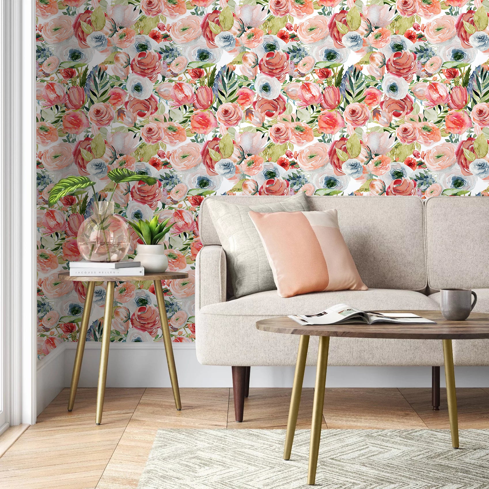 HaokHome Wallpaper Peel and Stick Floral Pink/Peach/Blue Watercolor Wall Decor Living Room Removable Mural
