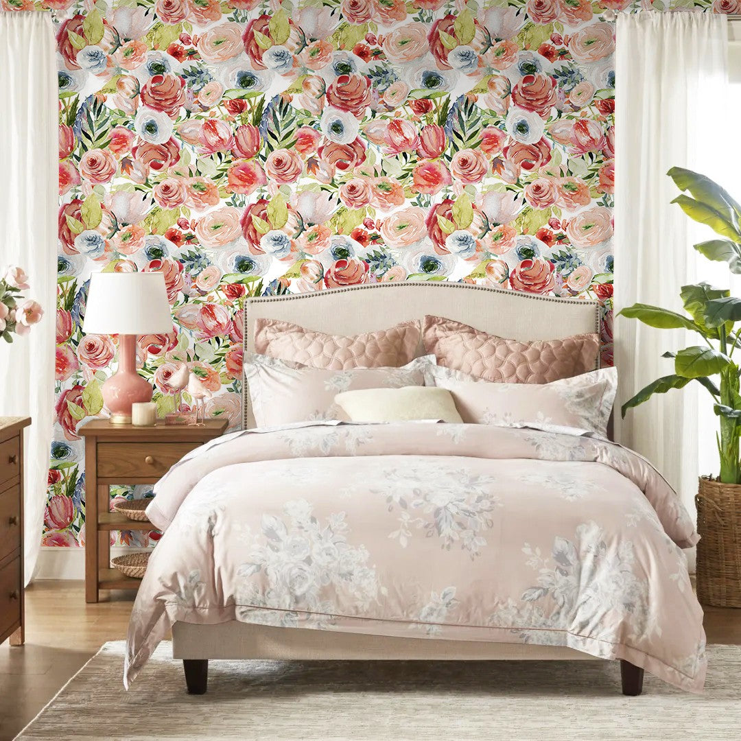 HaokHome Wallpaper Peel and Stick Floral Pink/Peach/Blue Watercolor Wall Decor Living Room Removable Mural