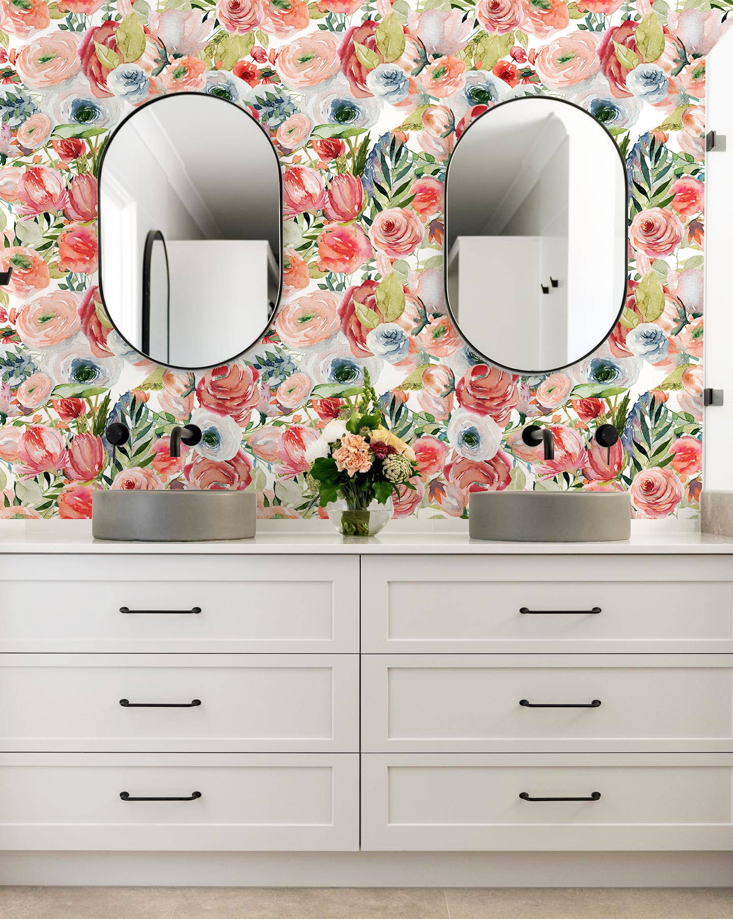 HaokHome Wallpaper Peel and Stick Floral Pink/Peach/Blue Watercolor Wall Decor Living Room Removable Mural