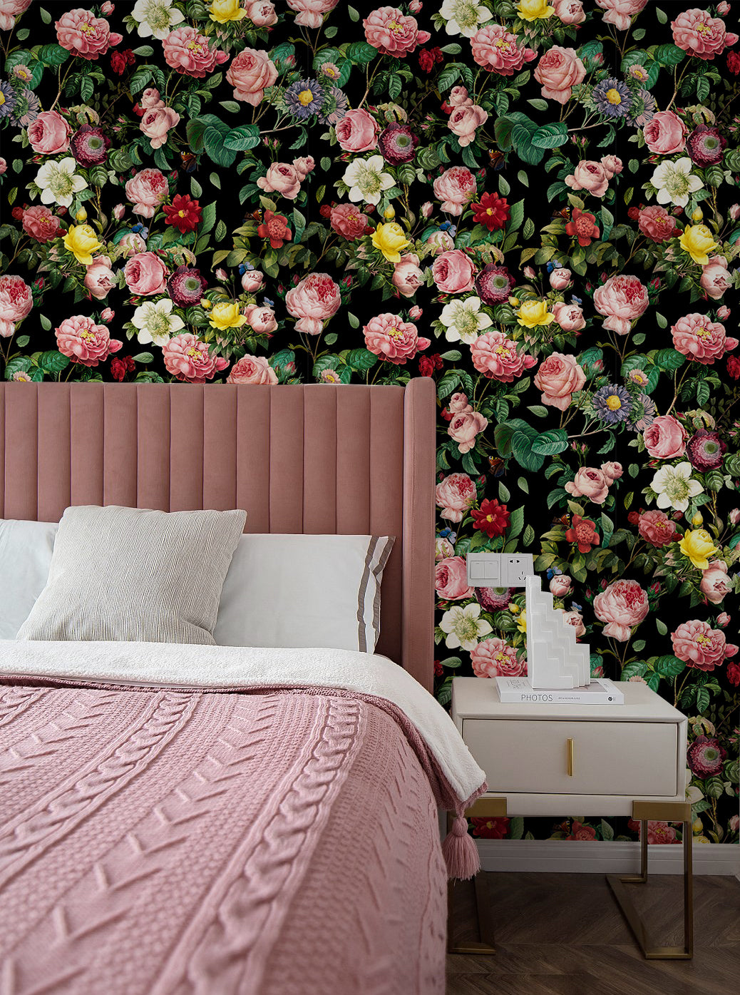 HaokHome Wallpaper Peel and Stick Floral Pink/Red/Yellow Vintage Wall Decor Living Room Removable Mural