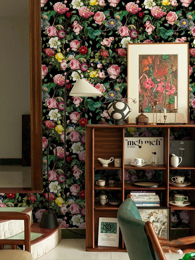 HaokHome Wallpaper Peel and Stick Floral Pink/Red/Yellow Vintage Wall Decor Living Room Removable Mural