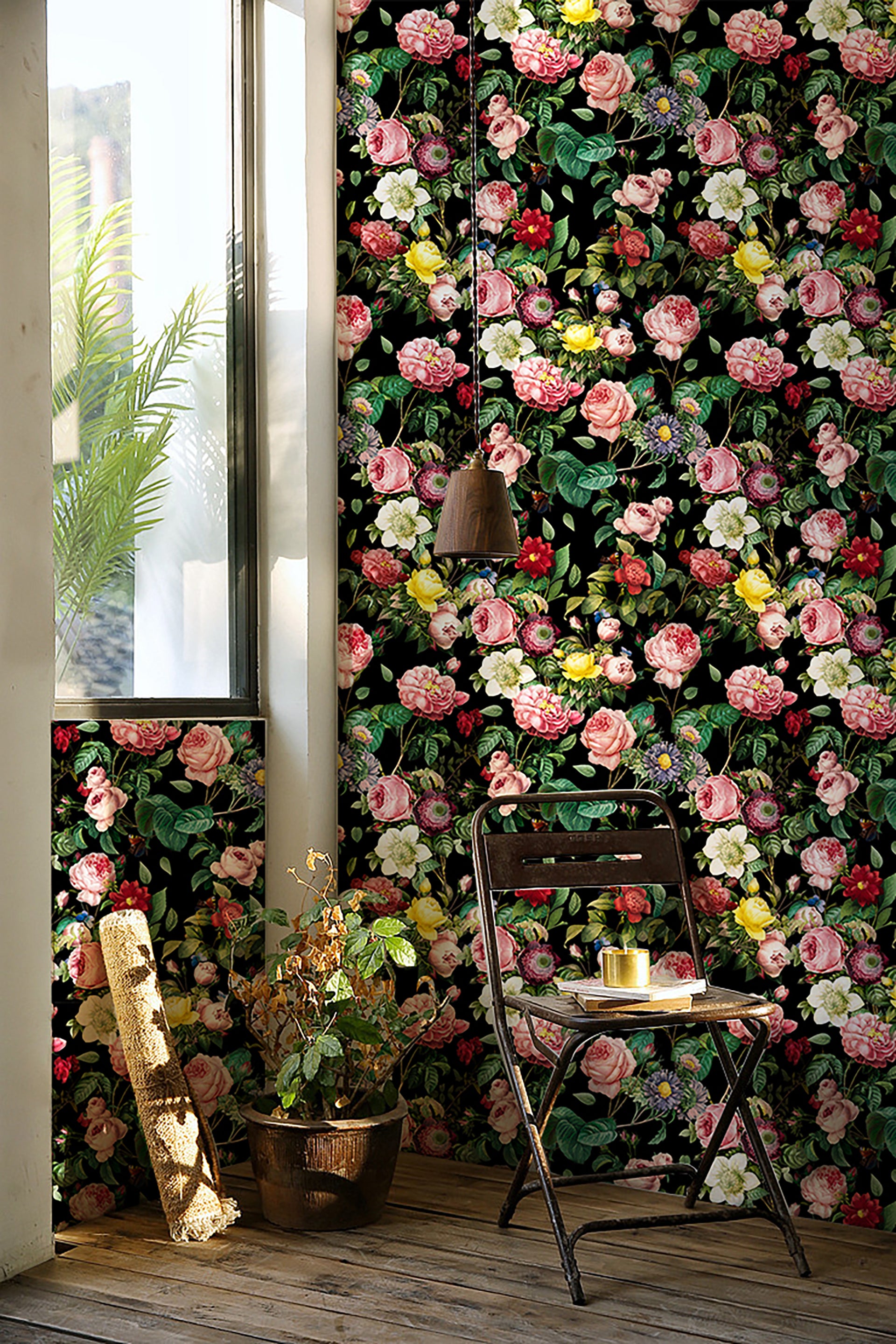 HaokHome Wallpaper Peel and Stick Floral Pink/Red/Yellow Vintage Wall Decor Living Room Removable Mural