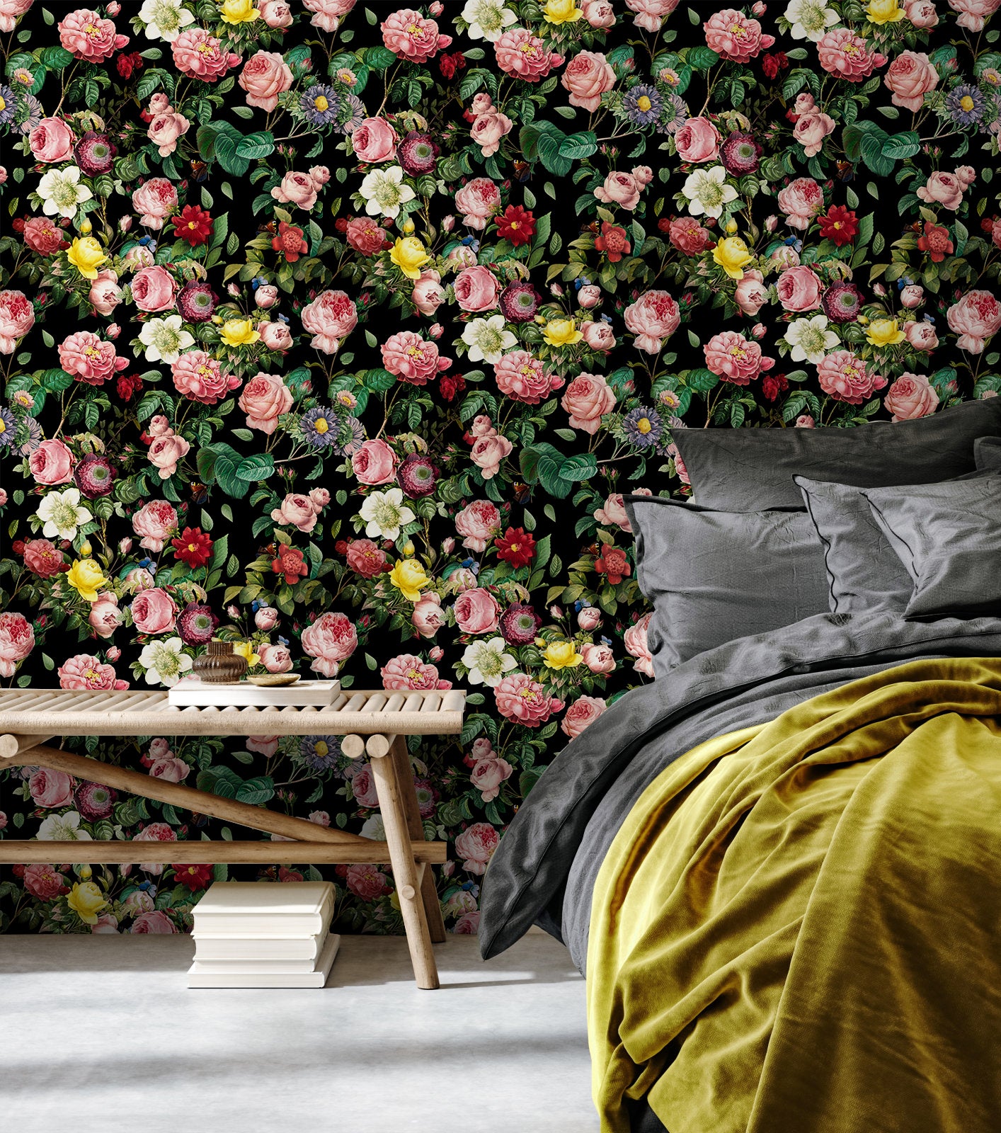 HaokHome Wallpaper Peel and Stick Floral Pink/Red/Yellow Vintage Wall Decor Living Room Removable Mural