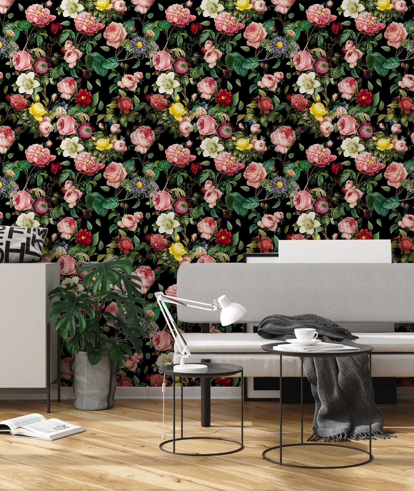 HaokHome Wallpaper Peel and Stick Floral Pink/Red/Yellow Vintage Wall Decor Living Room Removable Mural