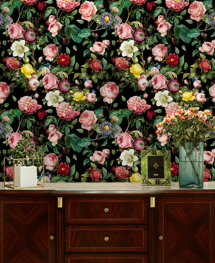 HaokHome Wallpaper Peel and Stick Floral Pink/Red/Yellow Vintage Wall Decor Living Room Removable Mural