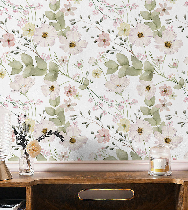 HaokHome Wallpaper Peel and Stick Floral Pink/White/Green Watercolor Wall Decor Bedroom Removable Mural