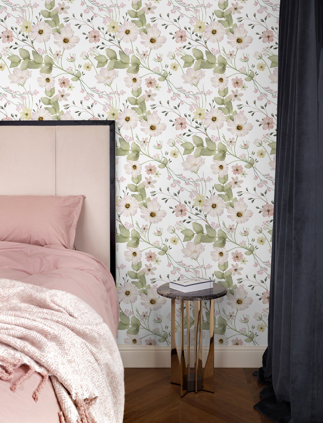 HaokHome Wallpaper Peel and Stick Floral Pink/White/Green Watercolor Wall Decor Bedroom Removable Mural