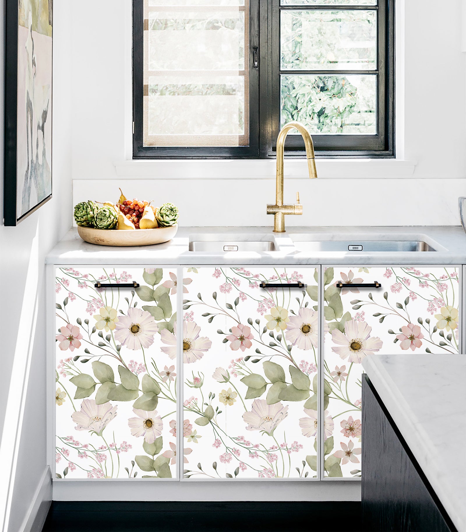 HaokHome Wallpaper Peel and Stick Floral Pink/White/Green Watercolor Wall Decor Bedroom Removable Mural