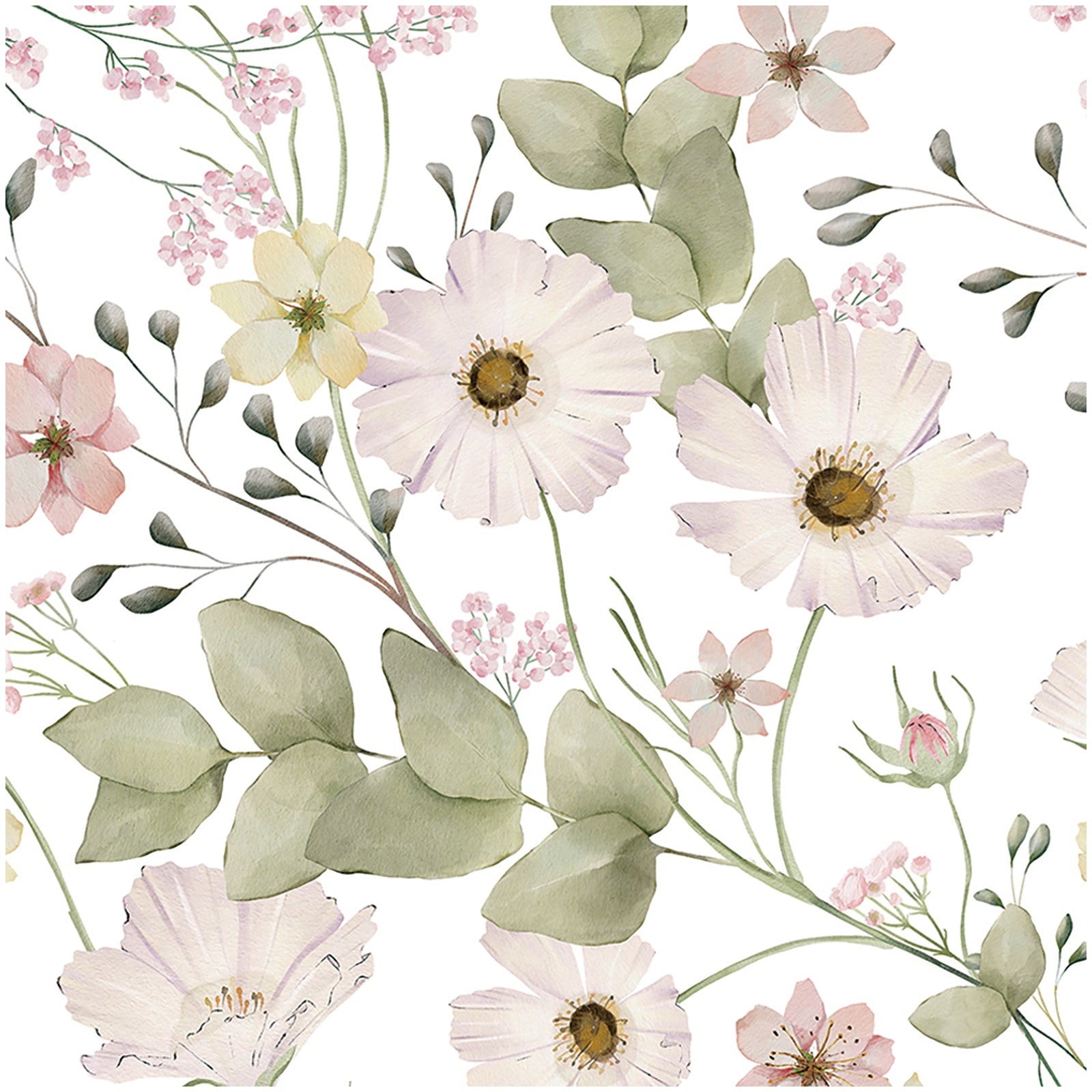 HaokHome Wallpaper Peel and Stick Floral Pink/White/Green Watercolor Wall Decor Bedroom Removable Mural