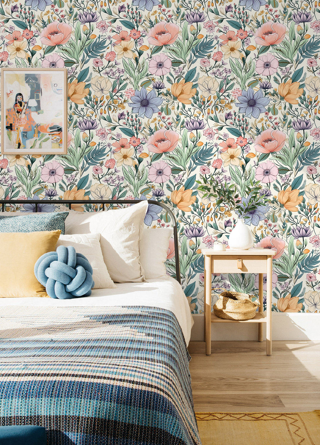 HaokHome Wallpaper Peel and Stick Floral Pink/Yellow/Blue Botanical Wall Decor Living Room Removable Mural