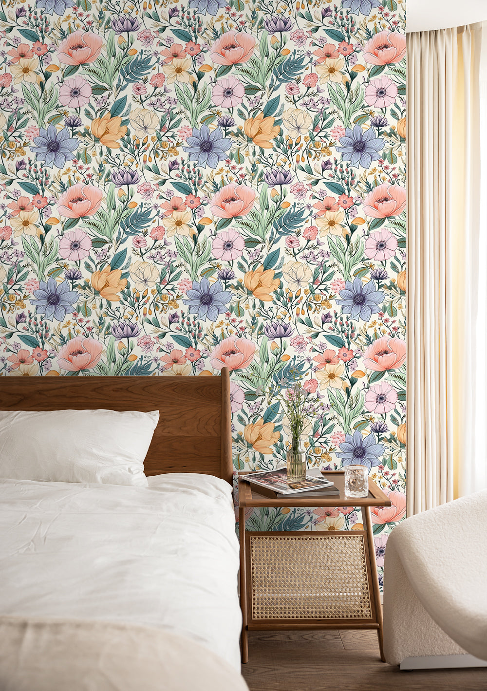 HaokHome Wallpaper Peel and Stick Floral Pink/Yellow/Blue Botanical Wall Decor Living Room Removable Mural