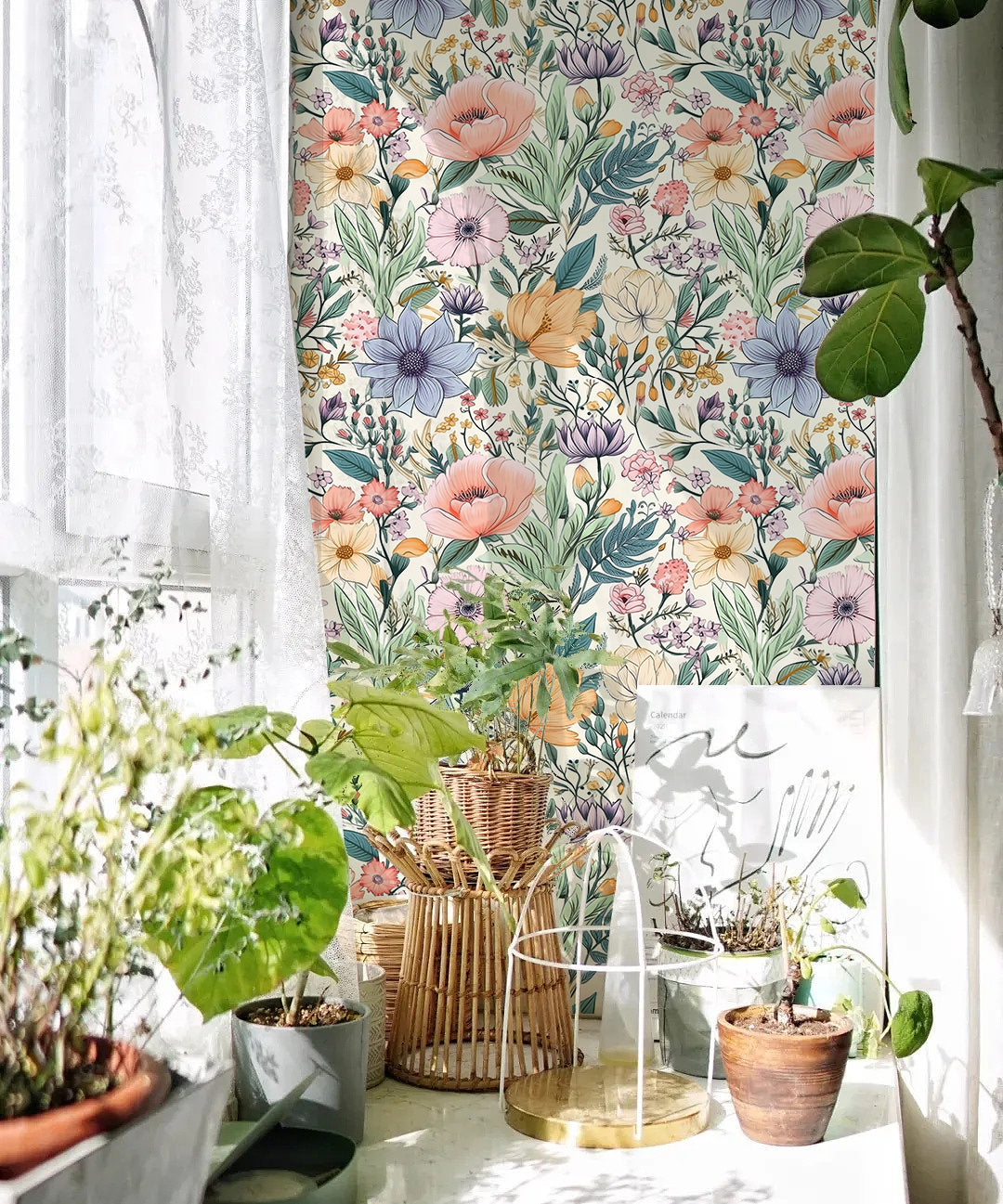 HaokHome Wallpaper Peel and Stick Floral Pink/Yellow/Blue Botanical Wall Decor Living Room Removable Mural
