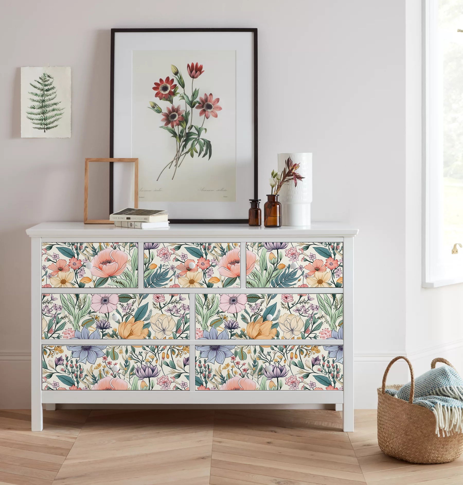 HaokHome Wallpaper Peel and Stick Floral Pink/Yellow/Blue Botanical Wall Decor Living Room Removable Mural