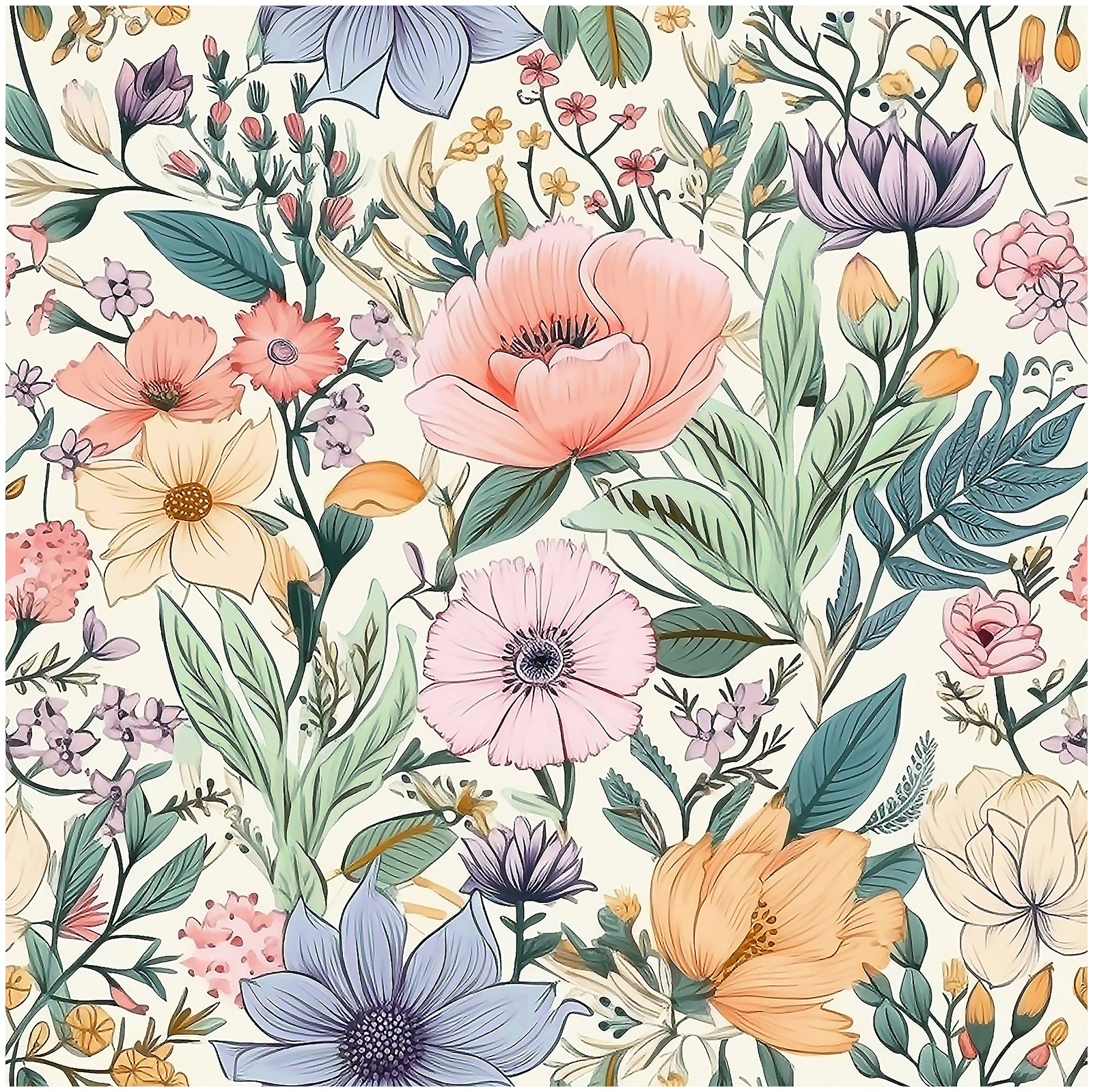 HaokHome Wallpaper Peel and Stick Floral Pink/Yellow/Blue Botanical Wall Decor Living Room Removable Mural