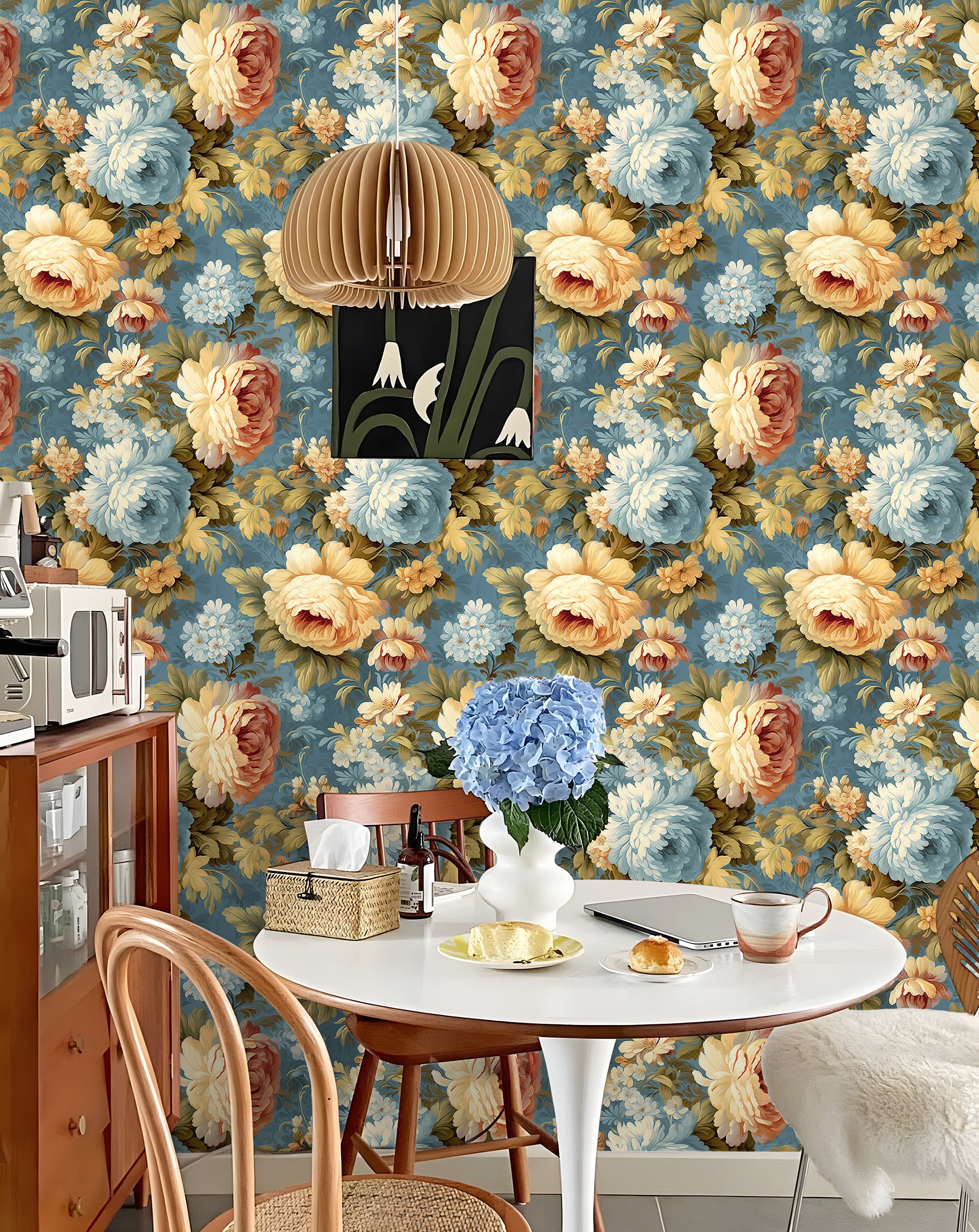 HaokHome Wallpaper Peel and Stick Floral Vintage Blue/Gold/White Classic Wall Decor Living Room Removable Mural