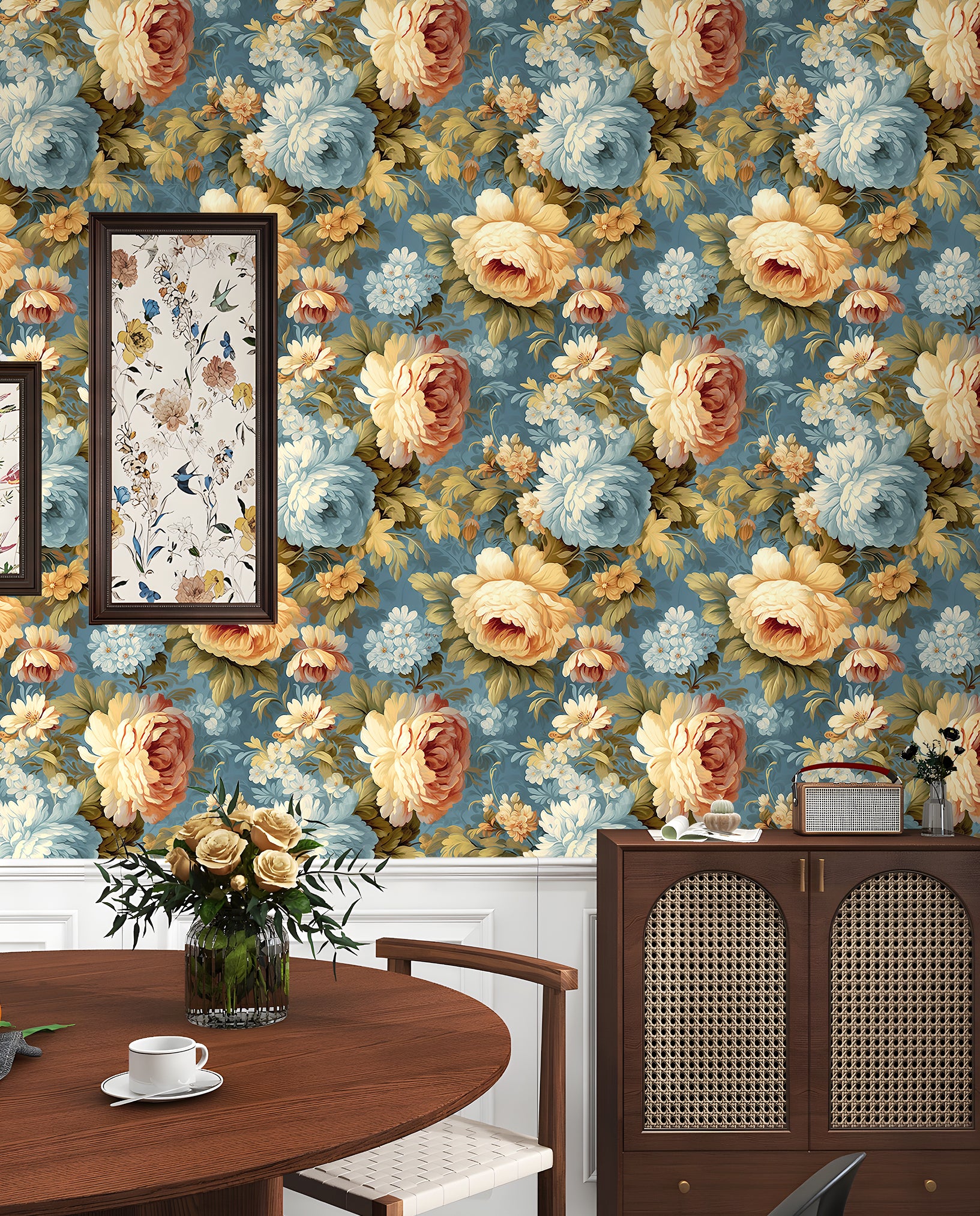 HaokHome Wallpaper Peel and Stick Floral Vintage Blue/Gold/White Classic Wall Decor Living Room Removable Mural
