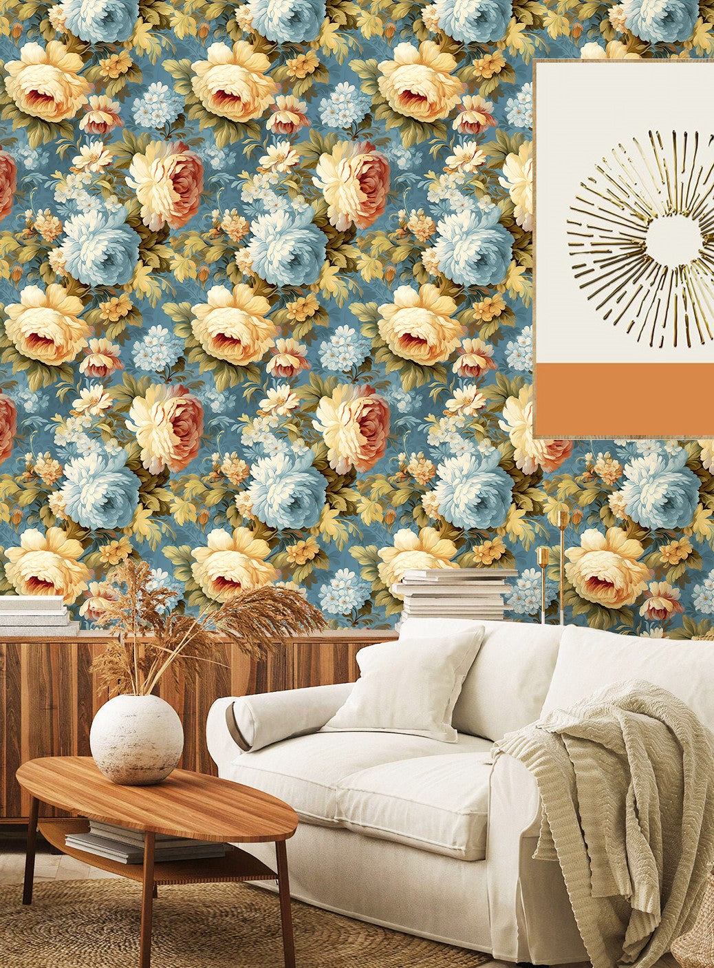 HaokHome Wallpaper Peel and Stick Floral Vintage Blue/Gold/White Classic Wall Decor Living Room Removable Mural