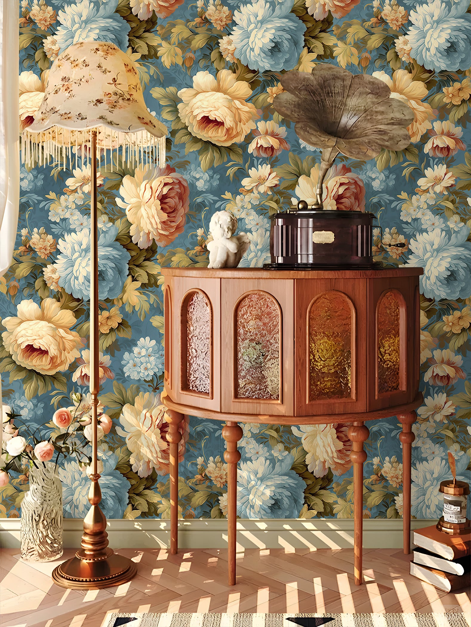 HaokHome Wallpaper Peel and Stick Floral Vintage Blue/Gold/White Classic Wall Decor Living Room Removable Mural