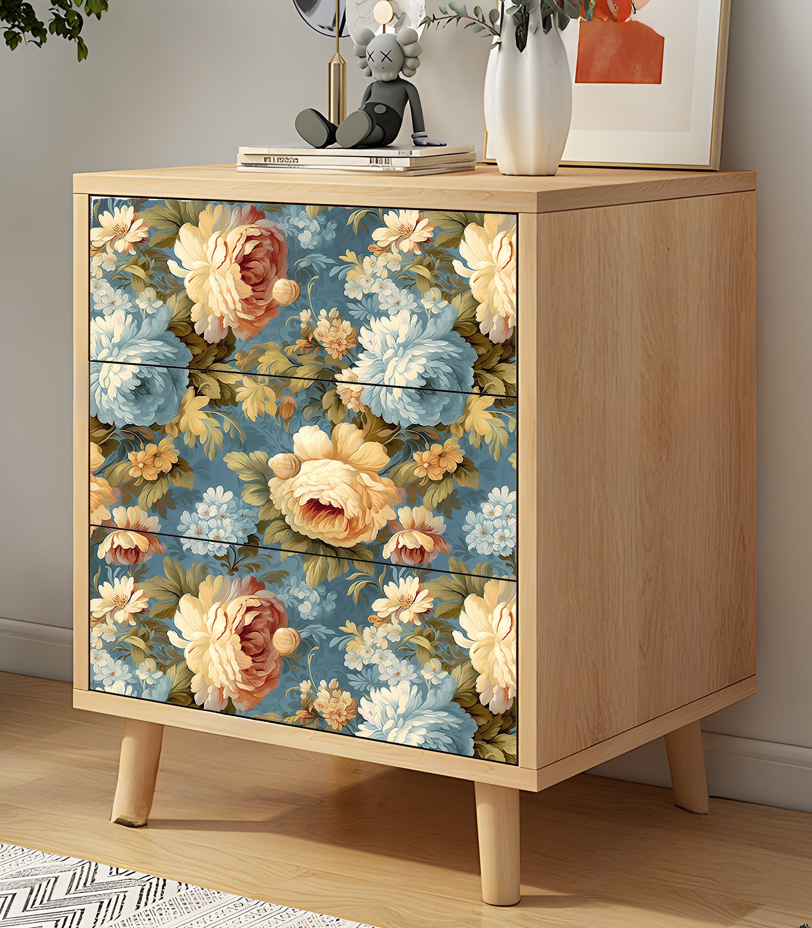 HaokHome Wallpaper Peel and Stick Floral Vintage Blue/Gold/White Classic Wall Decor Living Room Removable Mural