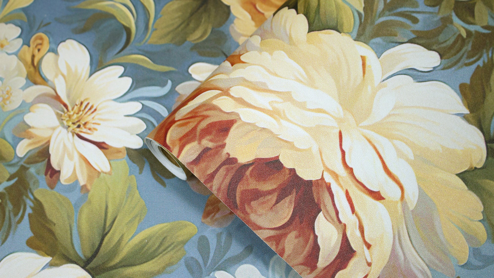 HaokHome Wallpaper Peel and Stick Floral Vintage Blue/Gold/White Classic Wall Decor Living Room Removable Mural