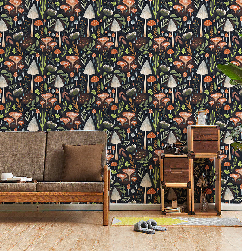 HaokHome Wallpaper Peel and Stick Forest Mushroom Botanical Dark Green/Orange Wall Decor Removable Mural for Bedroom & Kids’ Room