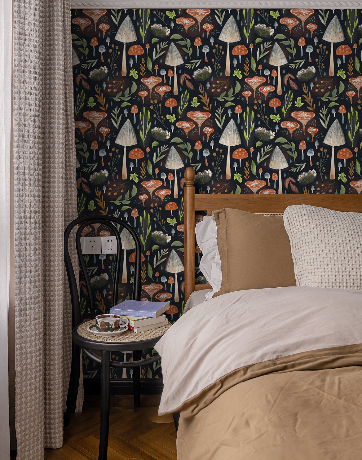 HaokHome Wallpaper Peel and Stick Forest Mushroom Botanical Dark Green/Orange Wall Decor Removable Mural for Bedroom & Kids’ Room