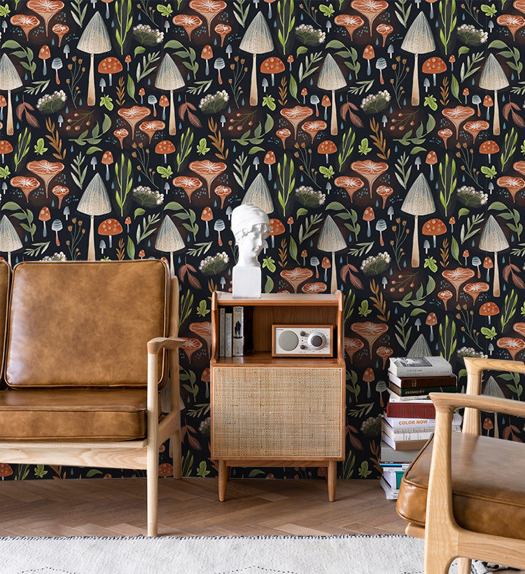 HaokHome Wallpaper Peel and Stick Forest Mushroom Botanical Dark Green/Orange Wall Decor Removable Mural for Bedroom & Kids’ Room