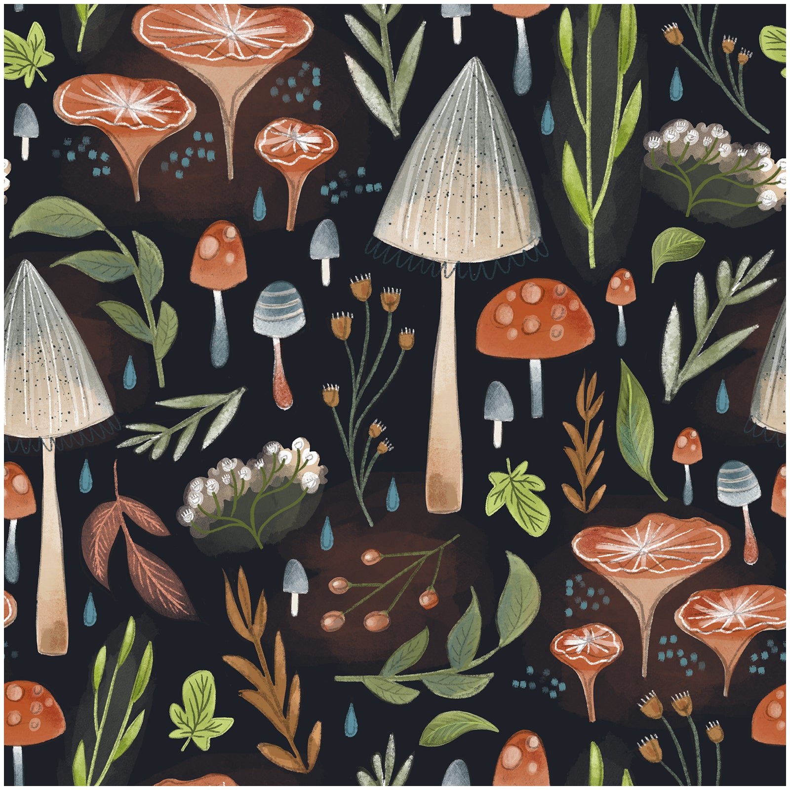 HaokHome Wallpaper Peel and Stick Forest Mushroom Botanical Dark Green/Orange Wall Decor Removable Mural for Bedroom & Kids’ Room