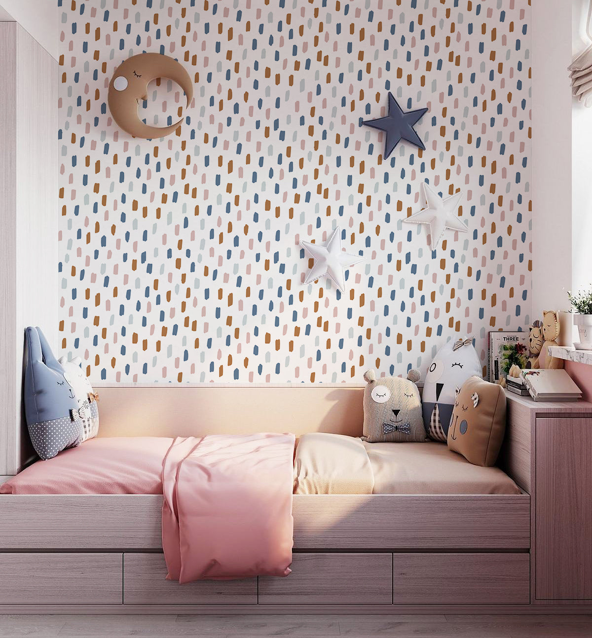 HaokHome Wallpaper Peel and Stick Geometric Abstract Brush Strokes Blue/Pink/Brown Minimalist Wall Decor Removable Mural for Kids' Room & Nursery