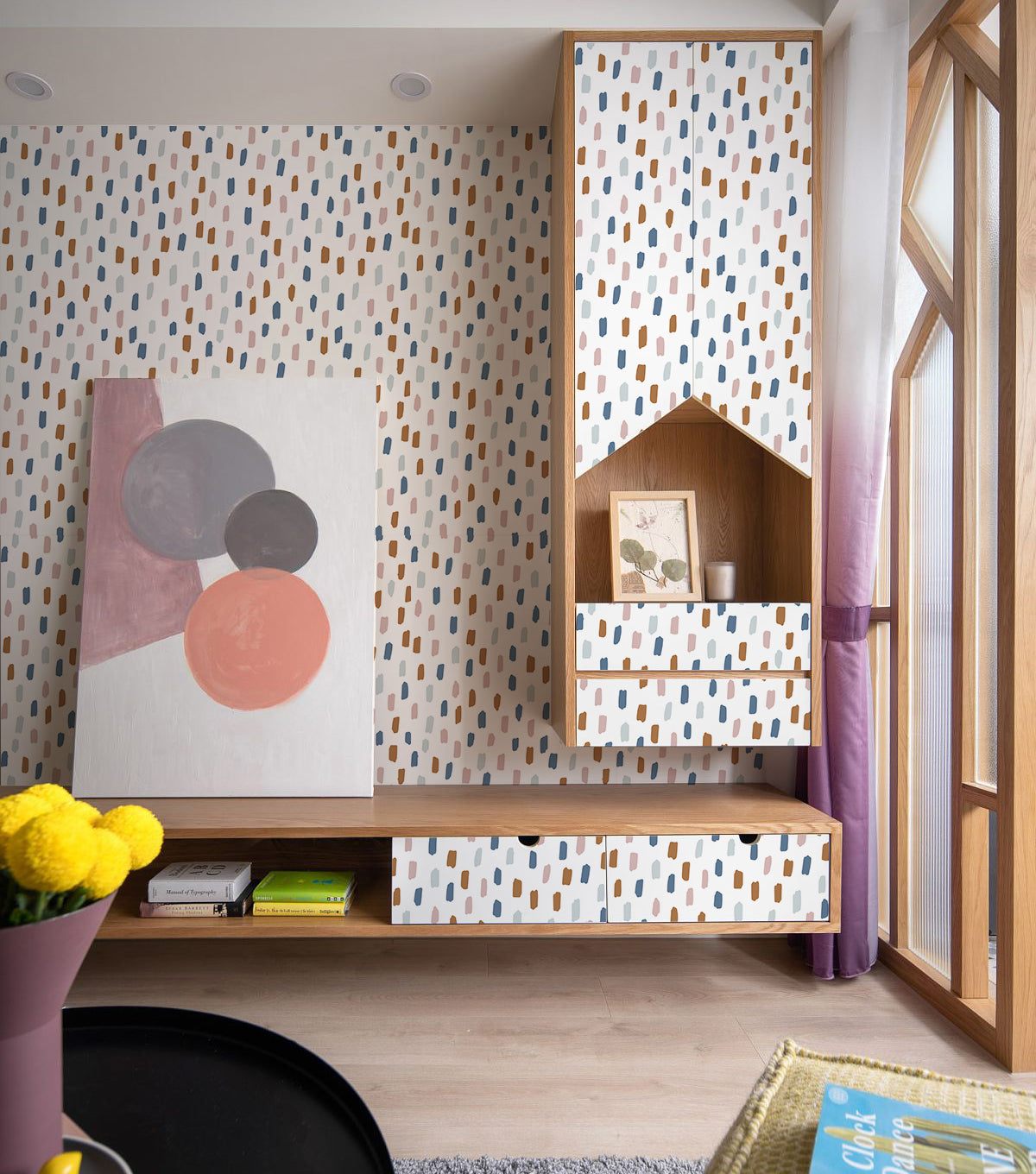 HaokHome Wallpaper Peel and Stick Geometric Abstract Brush Strokes Blue/Pink/Brown Minimalist Wall Decor Removable Mural for Kids' Room & Nursery