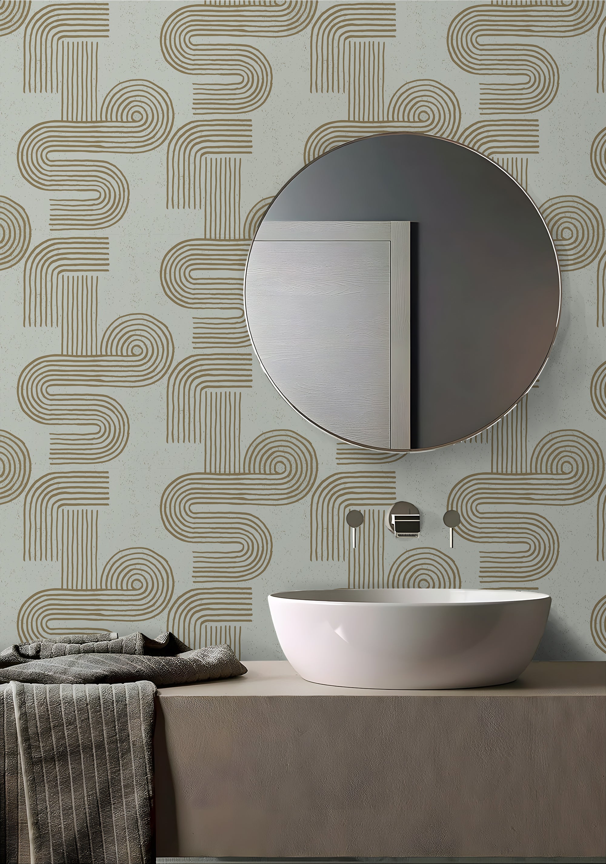 HaokHome Wallpaper Peel and Stick Geometric Curved Line Wall Decor in Olive Green & Mint Removable Mural