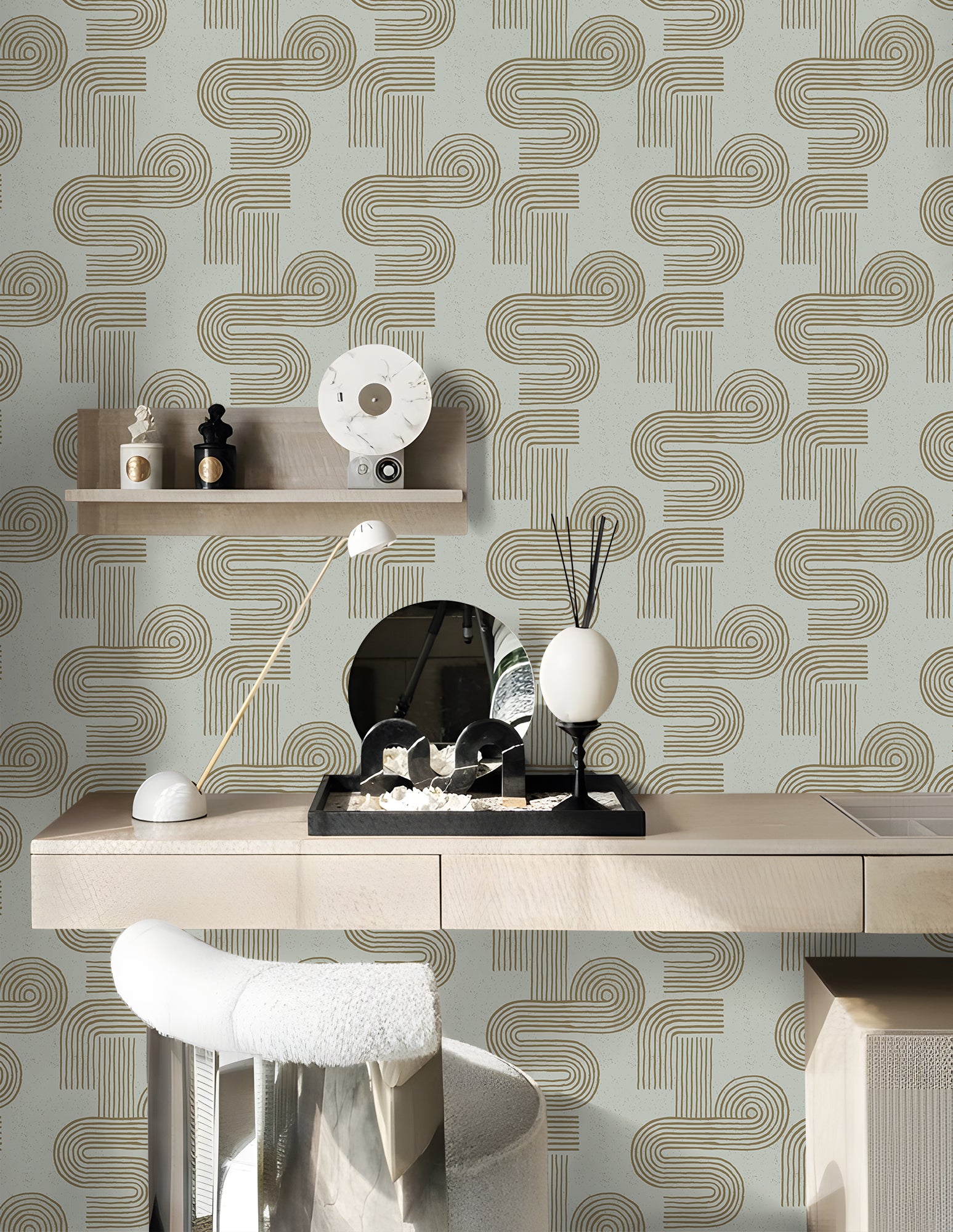 HaokHome Wallpaper Peel and Stick Geometric Curved Line Wall Decor in Olive Green & Mint Removable Mural