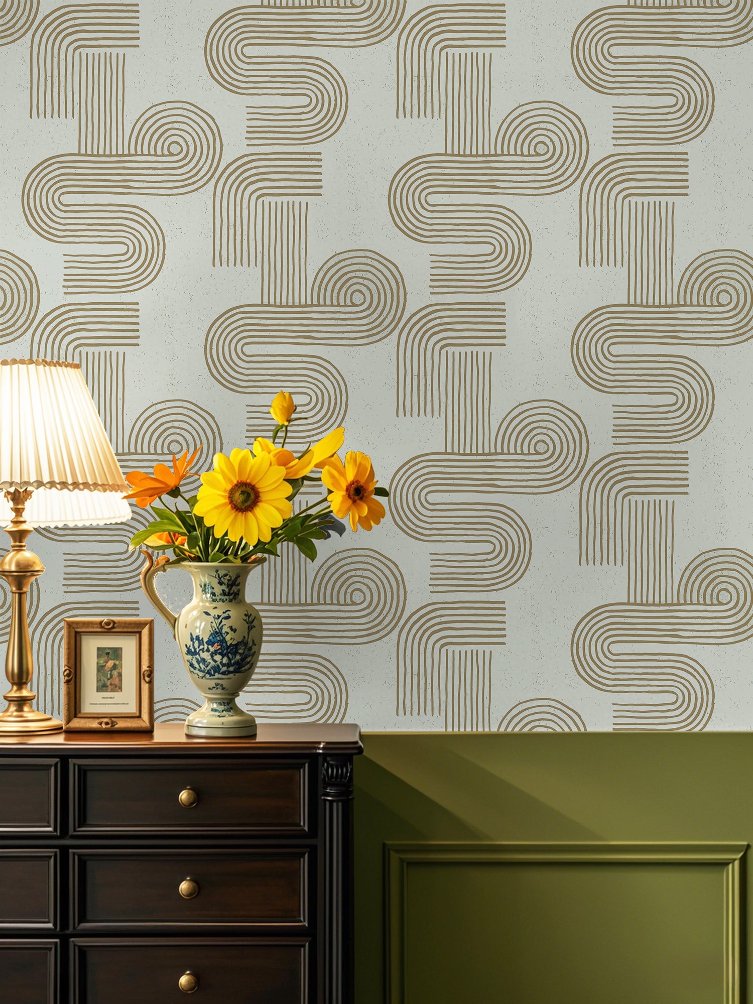 HaokHome Wallpaper Peel and Stick Geometric Curved Line Wall Decor in Olive Green & Mint Removable Mural