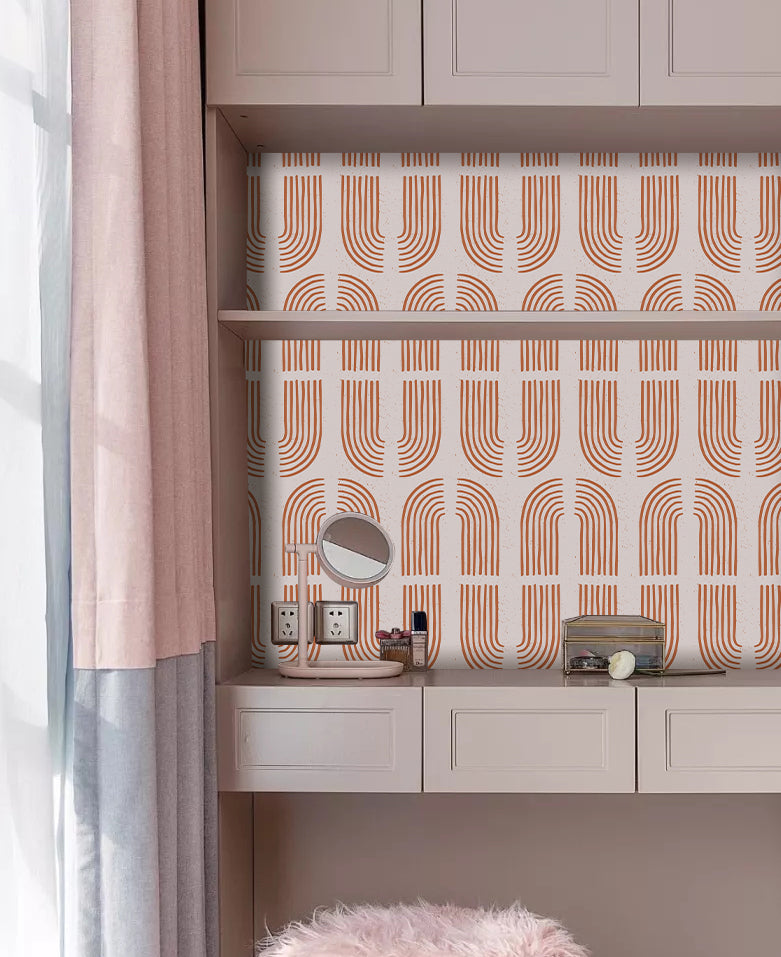 HaokHome Wallpaper Peel and Stick Geometric Curved Line Wall Decor in Terracotta & Blue Removable Mural
