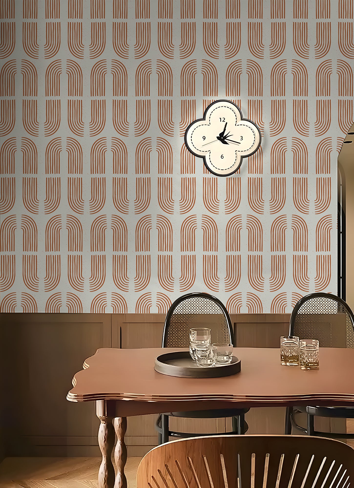 HaokHome Wallpaper Peel and Stick Geometric Curved Line Wall Decor in Terracotta & Blue Removable Mural