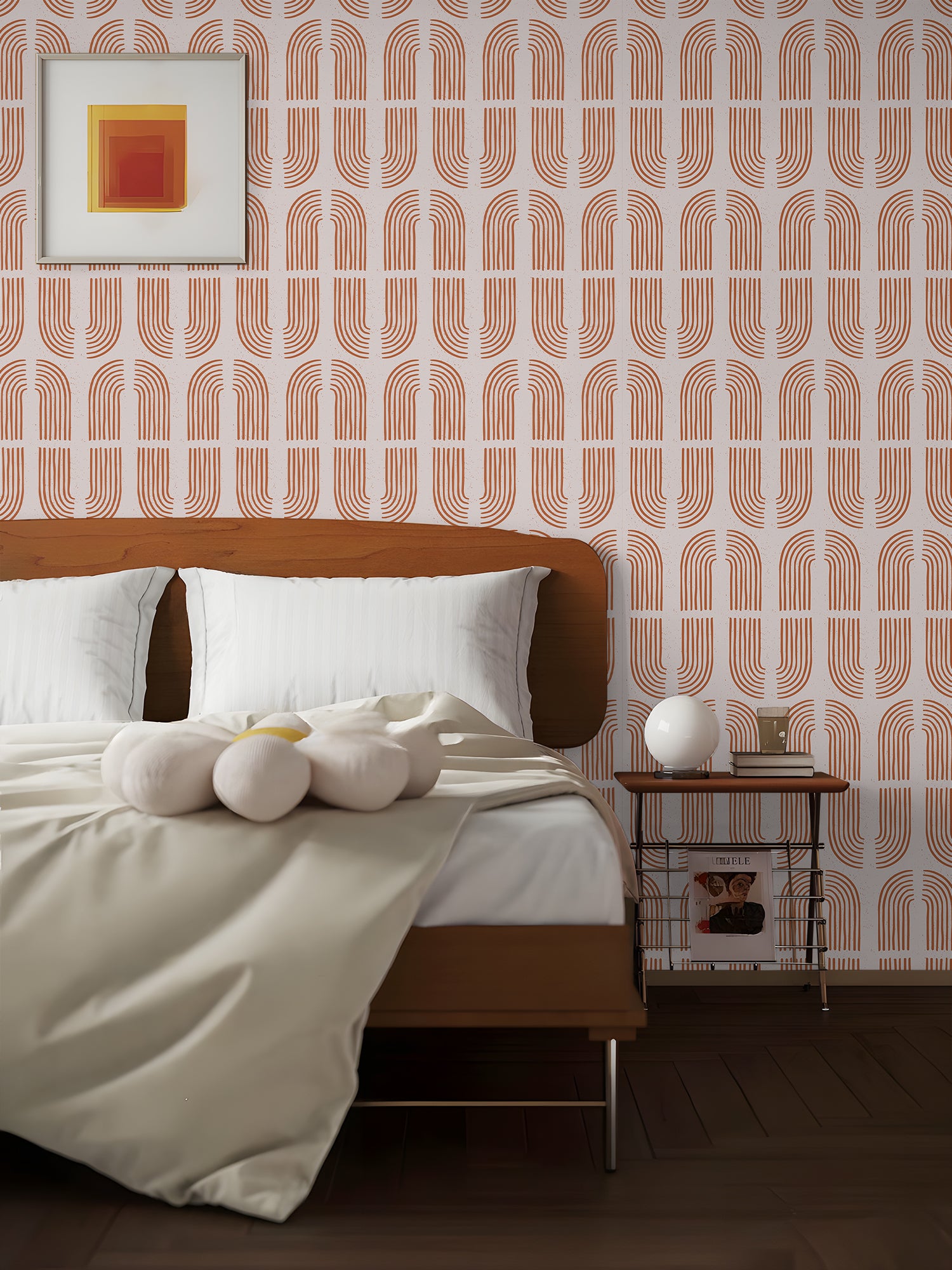 HaokHome Wallpaper Peel and Stick Geometric Curved Line Wall Decor in Terracotta & Blue Removable Mural