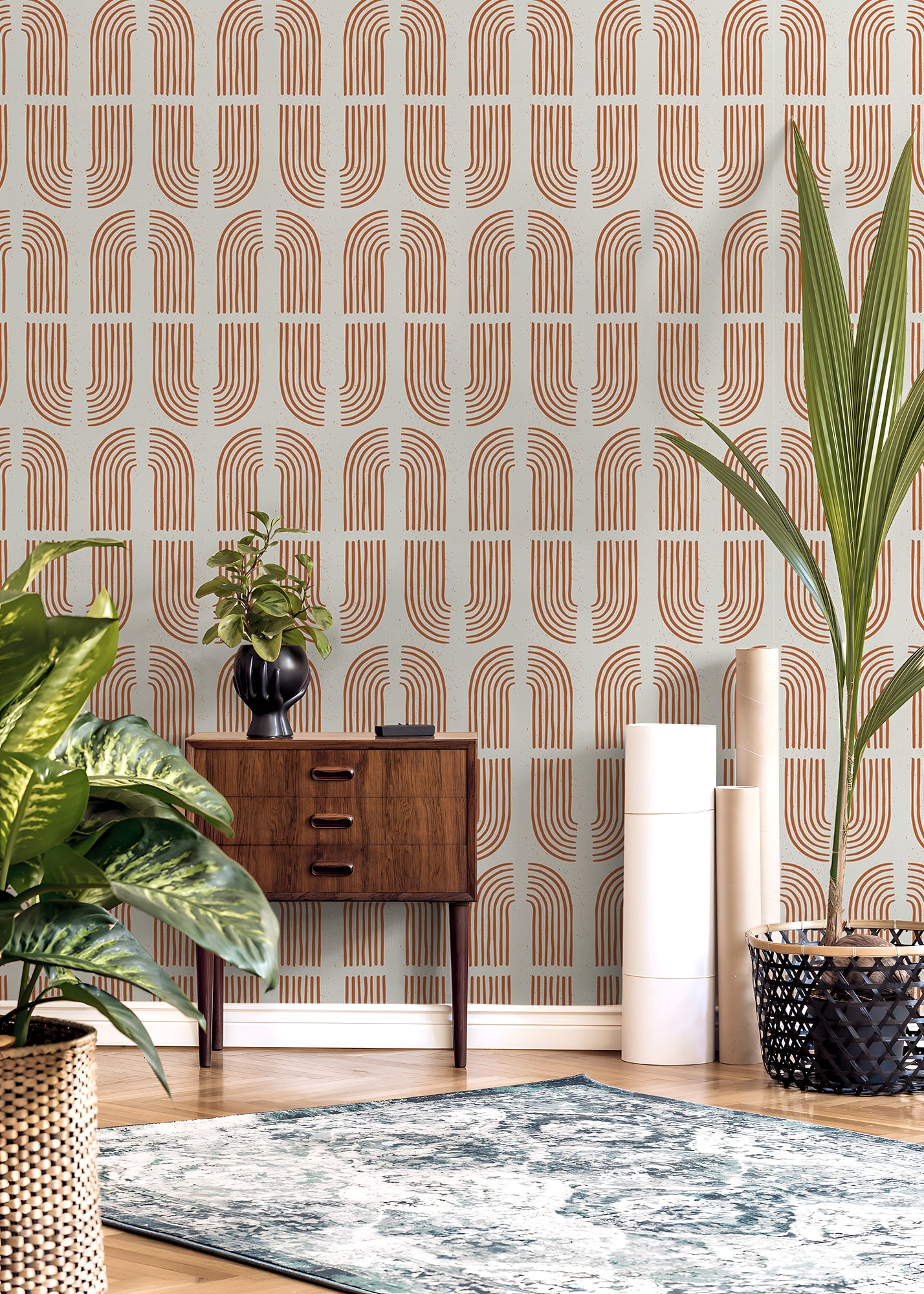 HaokHome Wallpaper Peel and Stick Geometric Curved Line Wall Decor in Terracotta & Blue Removable Mural