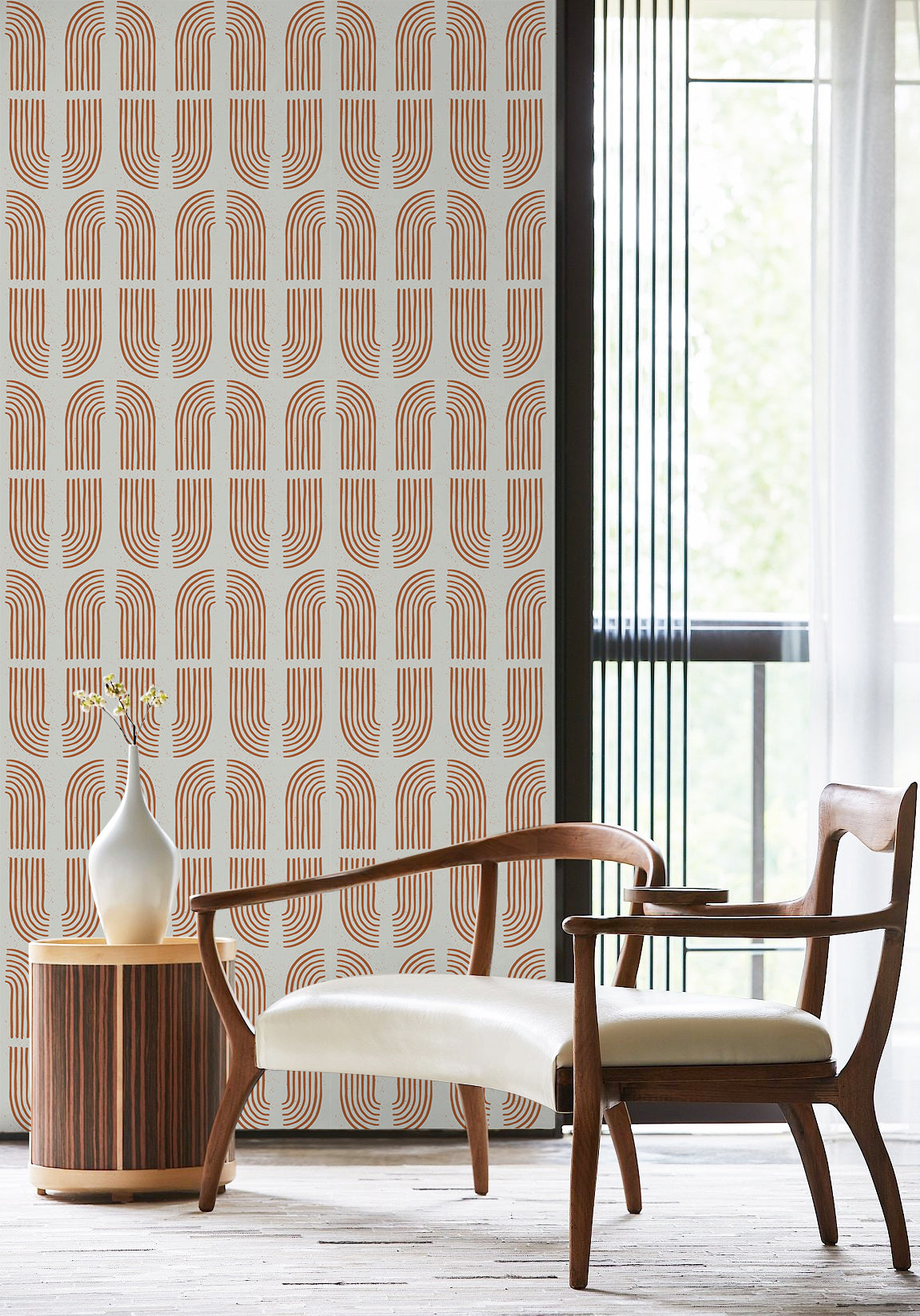 HaokHome Wallpaper Peel and Stick Geometric Curved Line Wall Decor in Terracotta & Blue Removable Mural