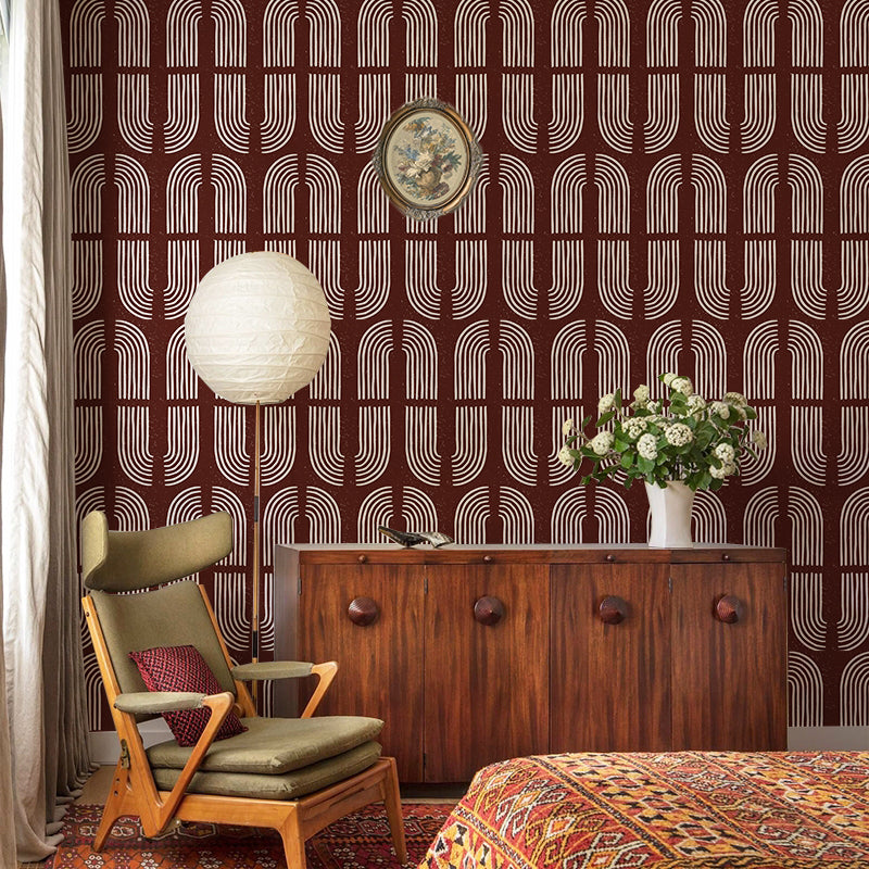 HaokHome Wallpaper Peel and Stick Geometric Curved Line Wall Decor in White & Brown Removable Mural