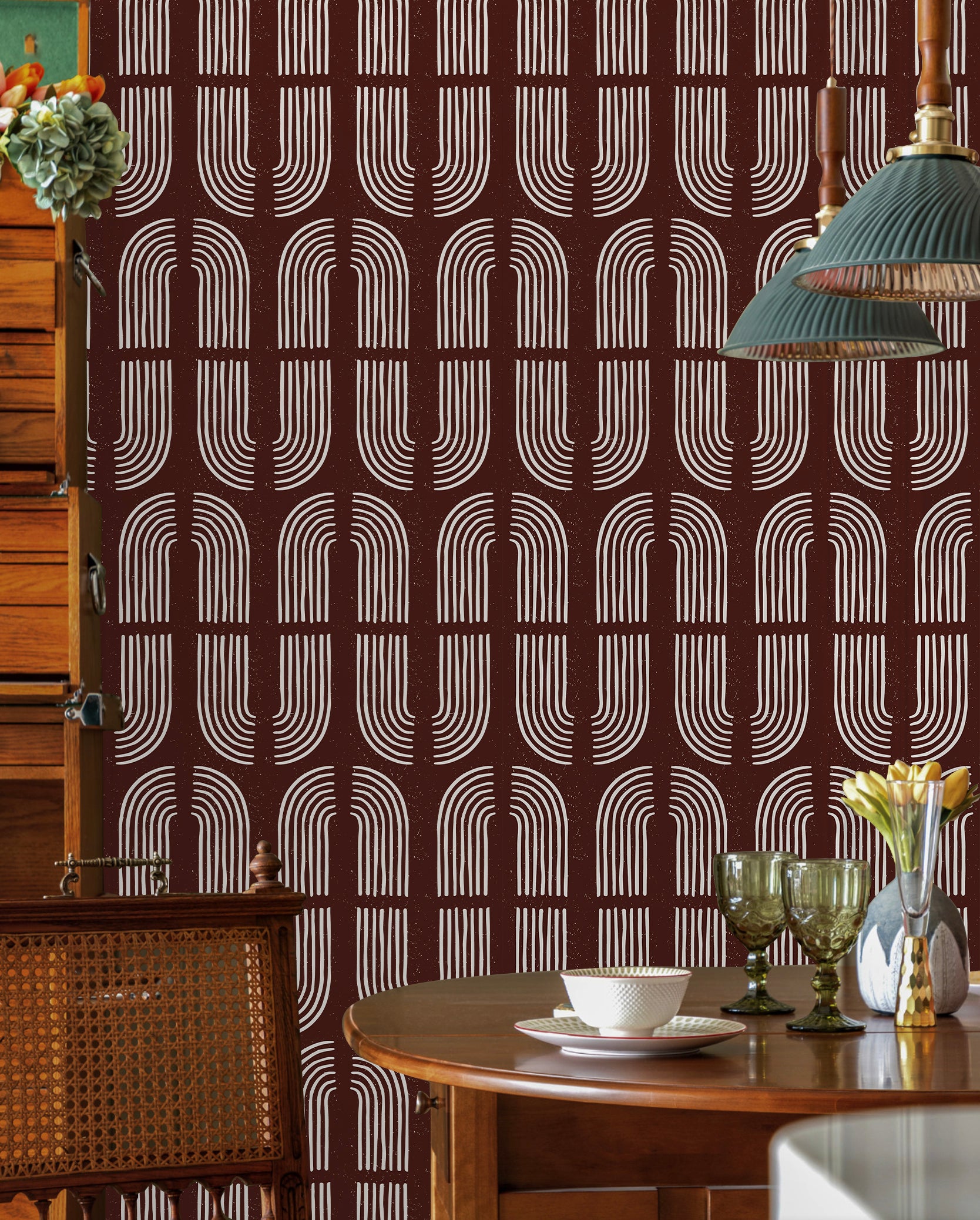 HaokHome Wallpaper Peel and Stick Geometric Curved Line Wall Decor in White & Brown Removable Mural