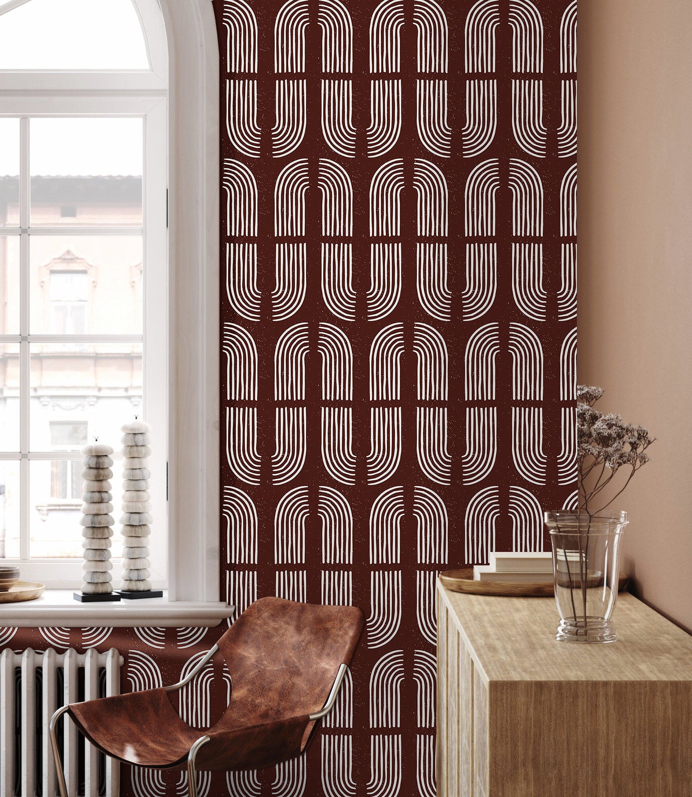 HaokHome Wallpaper Peel and Stick Geometric Curved Line Wall Decor in White & Brown Removable Mural