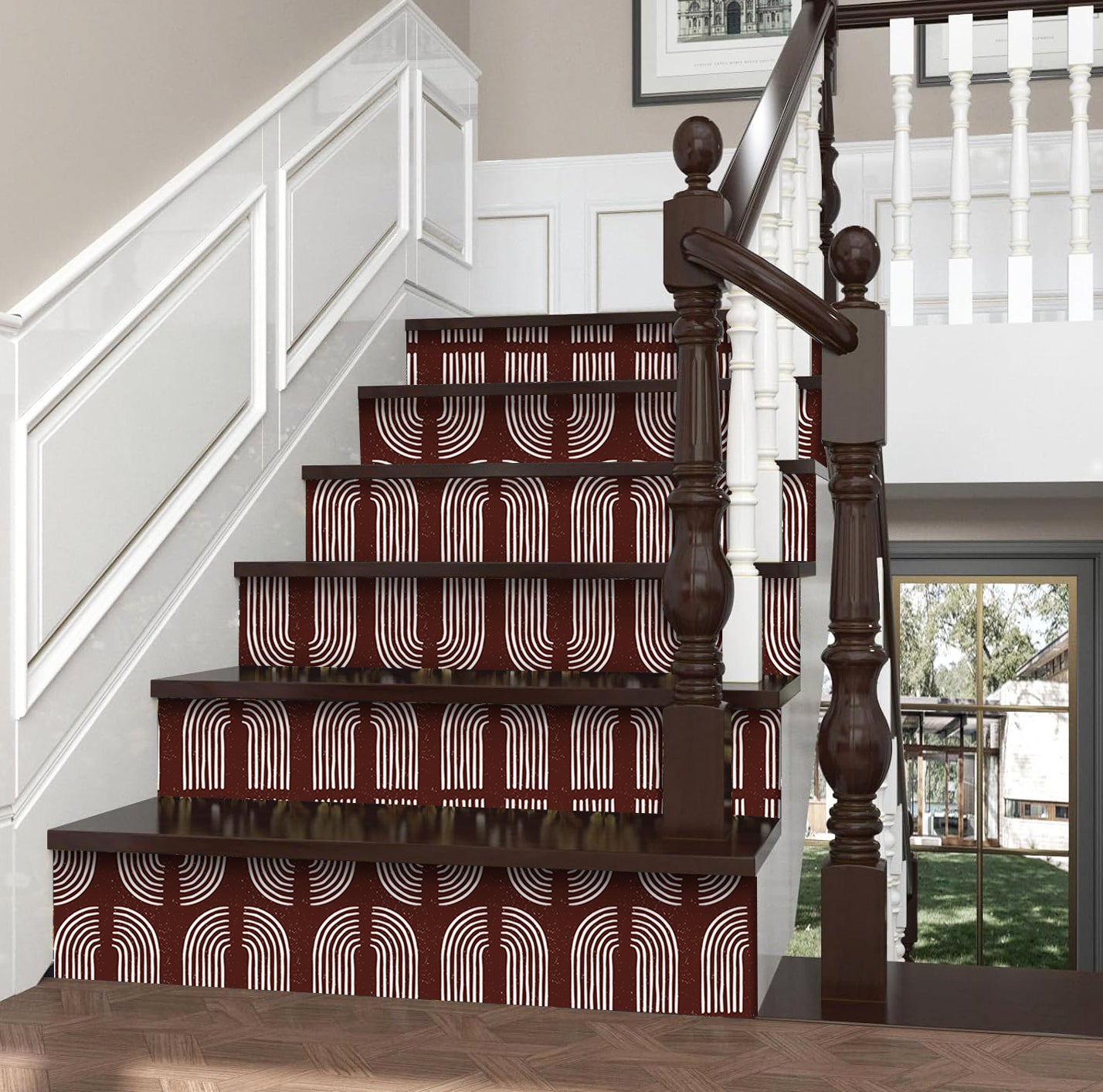 HaokHome Wallpaper Peel and Stick Geometric Curved Line Wall Decor in White & Brown Removable Mural